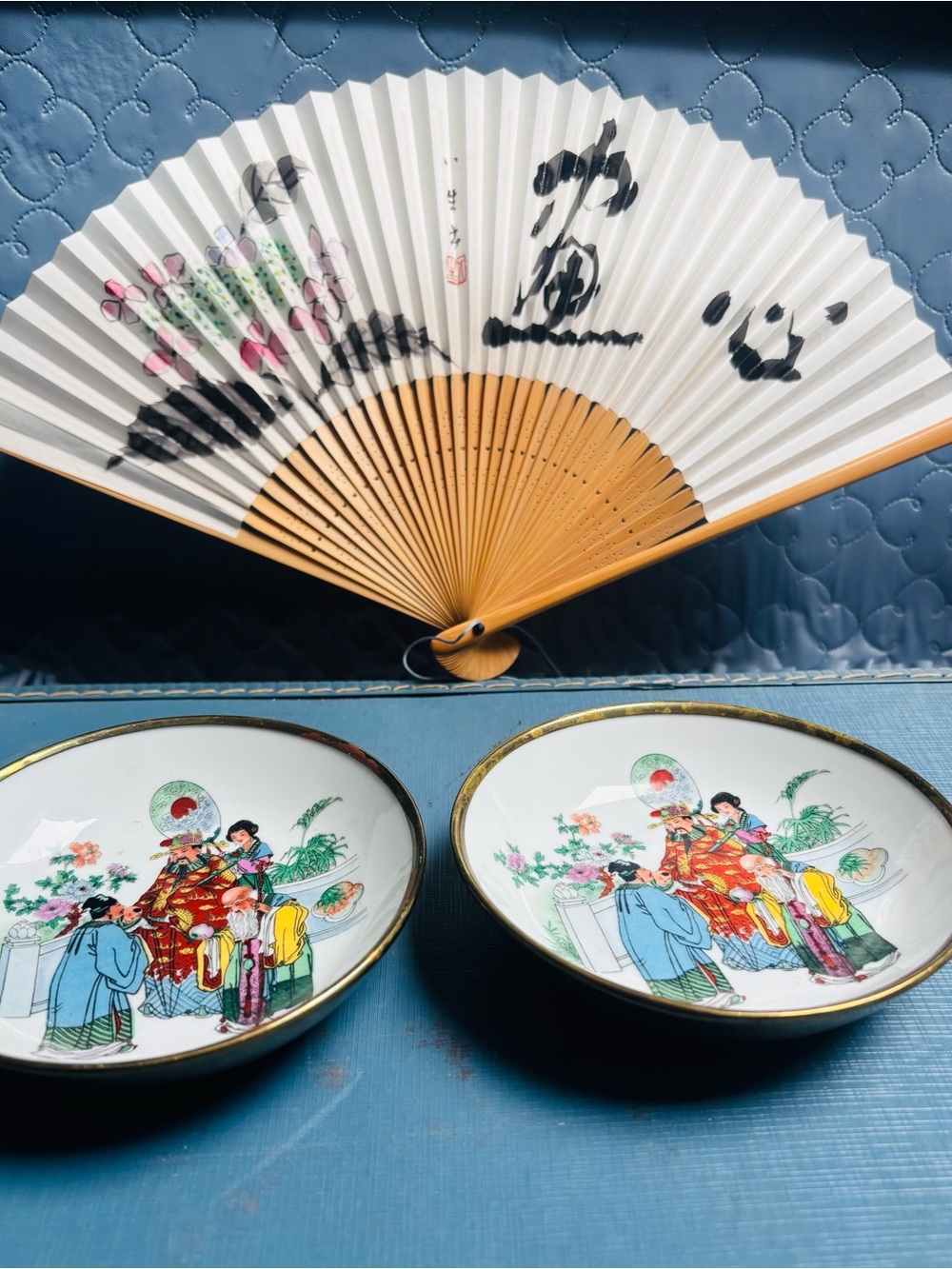 Asian Bowls Ceramic Brass Decorative Chinese Trinket bowls Japanese folding fan